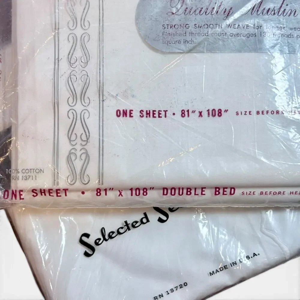 ⭐️Set 2 VTG NOS White 100% Cotton Doube Flat Bed Sheets Calvert Mulsin Percale
